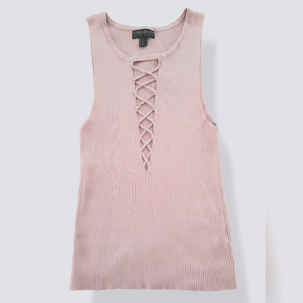 Forever 21+ Pink Ribbed Lace Up Tank Top | 1X